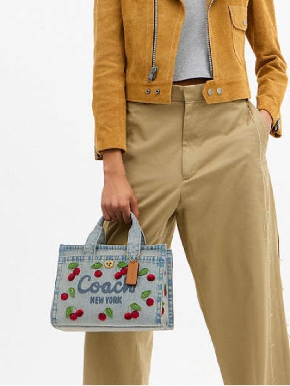 Coach Cargo Tote Bag 26 in Cherry Embroidery | Brass/Denim | Crossbody - Picture 3 of 11